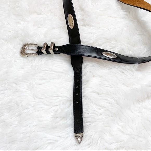 BRIGHTON black leather BOHO belt silver oval 40 - Picture 8 of 8